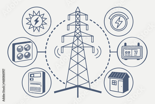 Illustration of power line tower surrounded by energy icons, representing electricity generation, distribution, and consumption in a smart home system