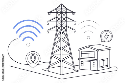 Illustration of an electricity pylon with wireless connection to a house
