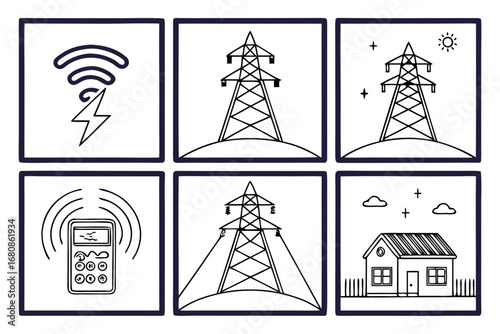 Vector art of collection of electricity pylon and house illustrations in frames