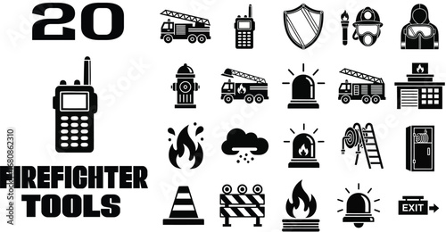 Firefighter Tools and Equipment Icons Collection on White Background fire fighting