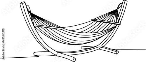 Continuous line art of an outdoor hammock with a stand, a minimalist symbol of relaxation and vacation comfort