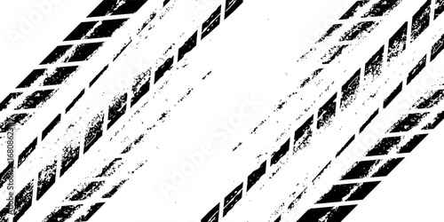 Grunge tire track, wheel braking marks. Truck, car or motorcycle tread pattern silhouette. Auto race, motorsport, speed racing design element. Vector illustration