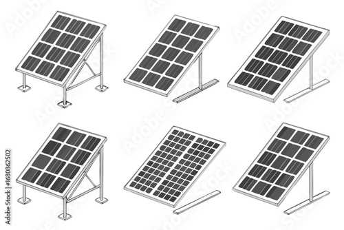 Vector art of isometric drawing of various solar panel systems, showcasing renewable energy technology and sustainable power generation