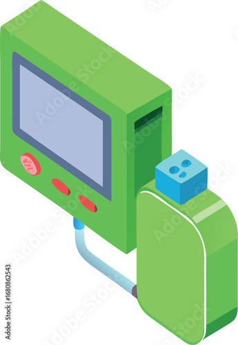 A green machine featuring a screen and a bottle, likely used for dispensing or mixing beverages