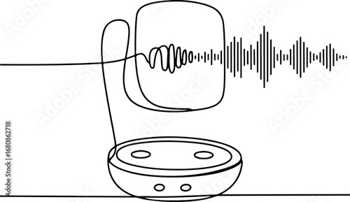 Continuous line art of a smart speaker and sound waves Minimalist illustration
