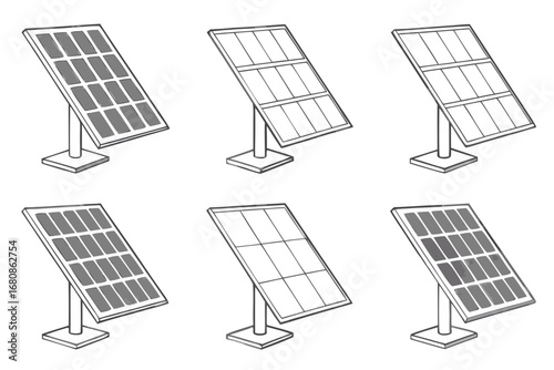 Vector art of collection of solar panel illustrations, representing renewable energy and sustainable power solutions clean energy technology