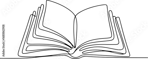 Minimalist continuous line art of an open book with pages. Simple one-line drawing illustration representing knowledge, reading, and education