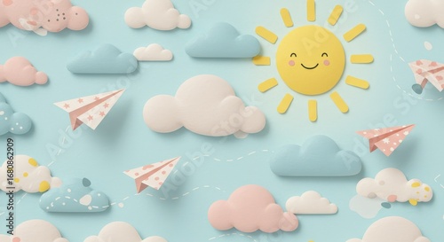 Whimsical Sky: Clouds Paper Airplanes and Smiling Sun.