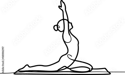 Continuous line art of a woman practicing a serene yoga pose, embodying balance and wellness on a mat for mindful movement and inner peace