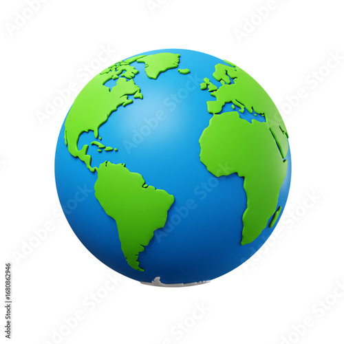 Blue and green 3 D globe with continents against black background earth world