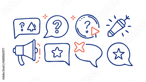 Blue and coral doodle icons speech bubbles question marks