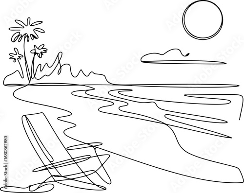 Continuous Line Art Serene Beach Scene, Palm Trees, and Sun Lounger Drawing