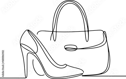Continuous line art illustration of a stylish high heel shoe and a handbag, elegant fashion accessory design