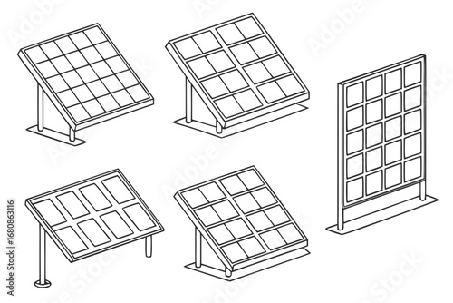 Illustration of various solar panel configurations, showcasing renewable energy technology and sustainable power generation