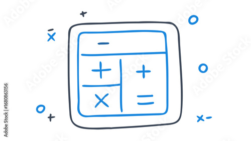 Blue calculator doodle with symbols grey plus