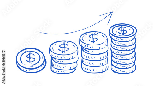 Blue dollar coin stacks with upward arrow growth