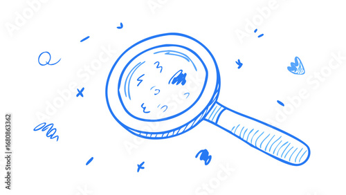Blue doodle magnifying glass with scattered marks illustration