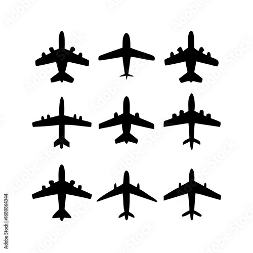 Vector art of set of nine airplane silhouettes, showcasing different aircraft designs for travel, aviation, and transportation concepts