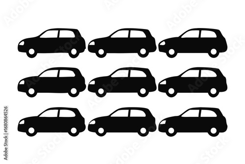 Vector art of collection of car silhouettes, showcasing various hatchback designs for transportation, city driving, and urban lifestyle themes and concepts