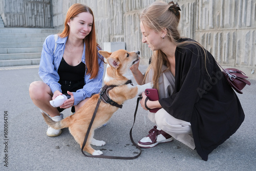 two female friends walking corgi dog in the city street