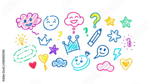 Colorful crayon doodles of faces stars and hearts happy