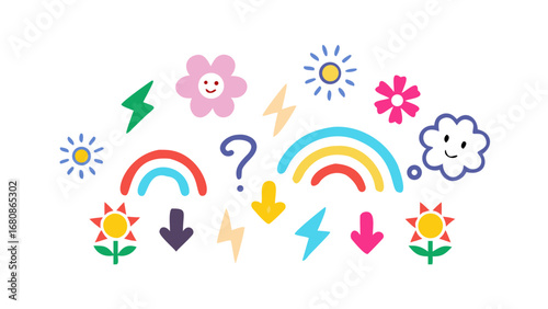 Colorful doodle elements rainbows lightning bolts