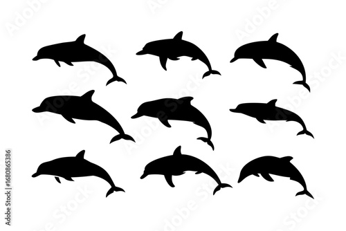 Vector art of a group of dolphin silhouettes swimming gracefully, , showcasing their playful nature and marine beauty in a simple yet elegant design
