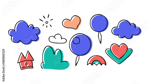 Colorful doodle shapes and objects illustration