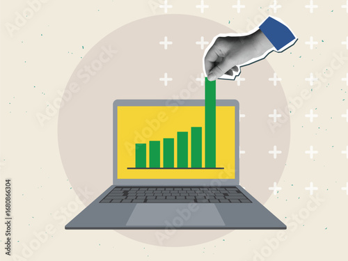 Black and white hand helps to grow graphics on the laptop screen.  Modern collage style. Vector illustration