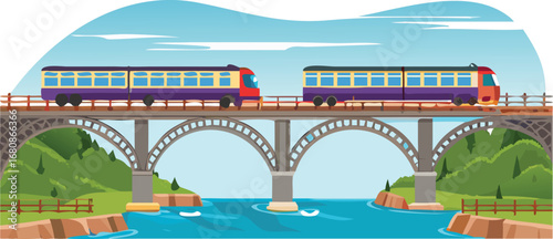 A train crosses a bridge over a river, showcasing the scenic landscape and engineering marvel