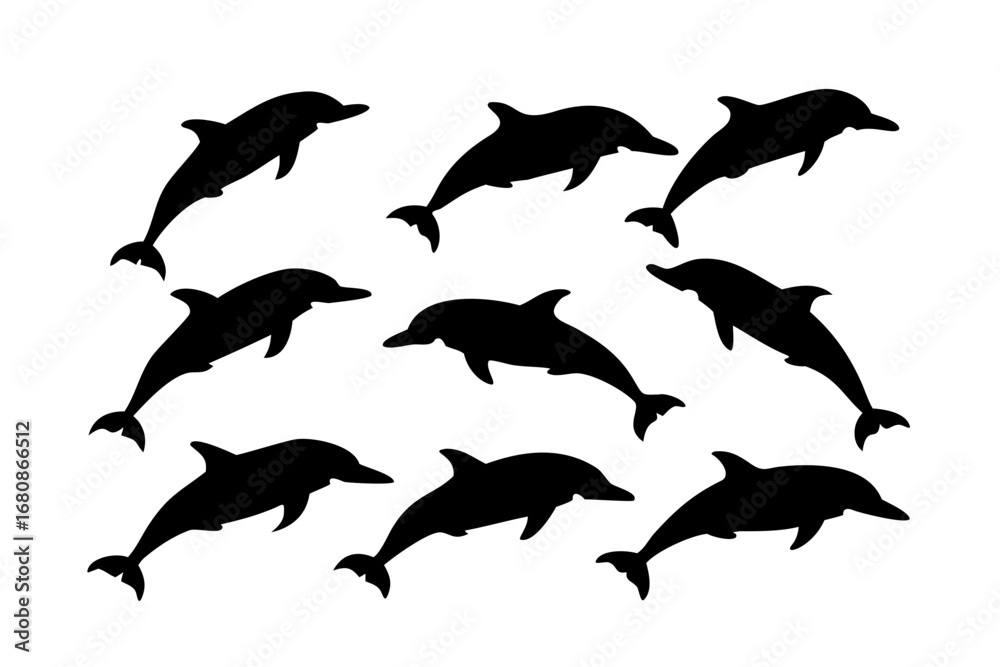 Fototapeta premium Vector art of group of dolphin silhouettes, depicting marine mammals swimming and jumping in the ocean, representing aquatic wildlife and nature