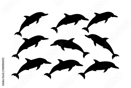 Vector art of group of dolphin silhouettes, depicting marine mammals swimming and jumping in the ocean, representing aquatic wildlife and nature