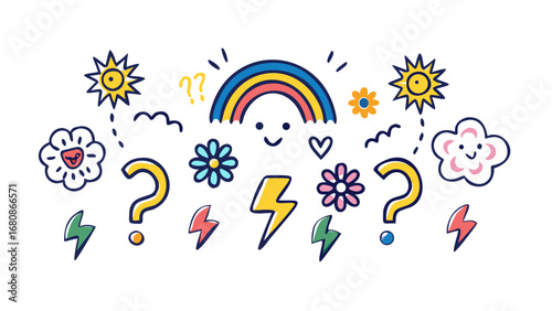 Colorful whimsical doodles with rainbow and lightning