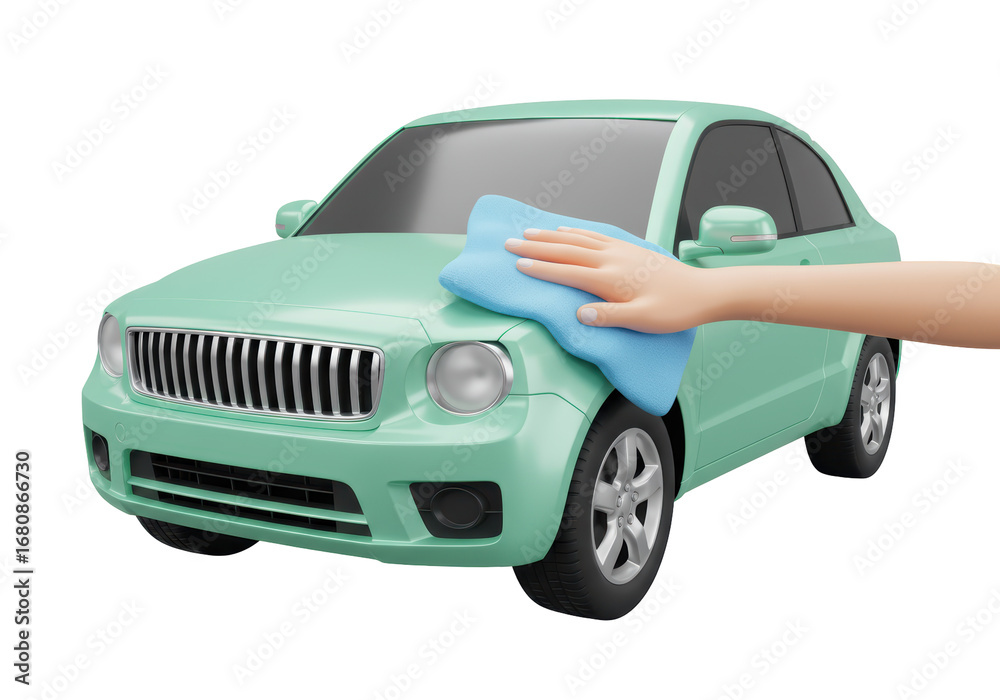 Naklejka premium Isolated mint-green car getting cleaned by hand with blue microfiber rag, auto care, vehicle