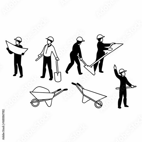 Construction workers with tools and plans builders