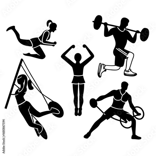 Diverse athletes performing various exercises fitness