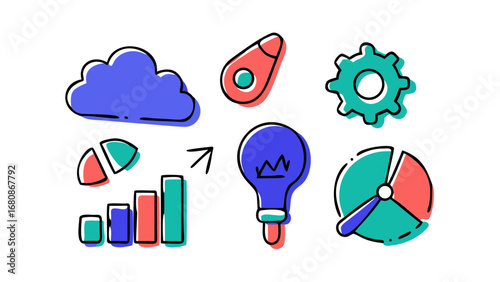 Doodle icons for business and creativity cloud lightbulb