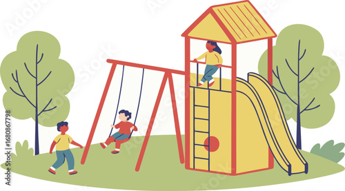 Children playing on a playground featuring a slide and swings, enjoying outdoor activities and social interaction