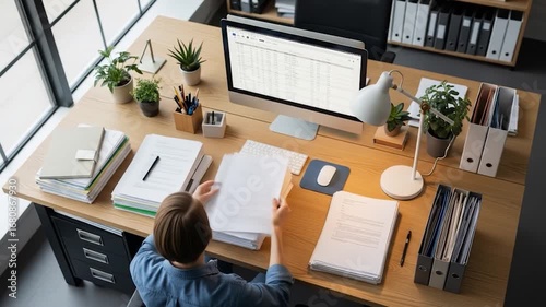 Person Organizing Documents and Working on Computer at Modern Office Desk