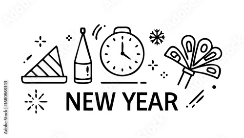 Festive New Year Celebration Icons fireworks clock