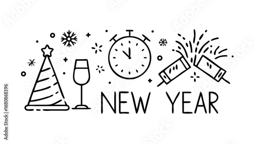 Festive New Year Celebration Icons fireworks clock