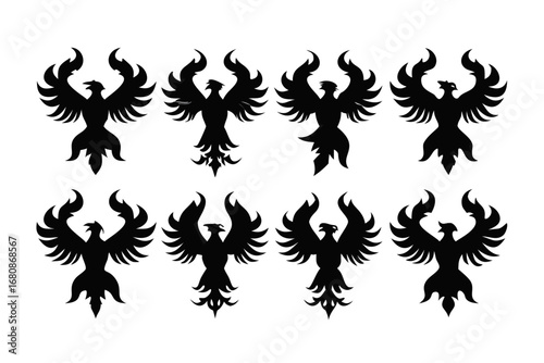 Vector art of set of phoenix silhouettes, depicting mythical firebird in various stylized designs, suitable for tattoos or heraldic emblems