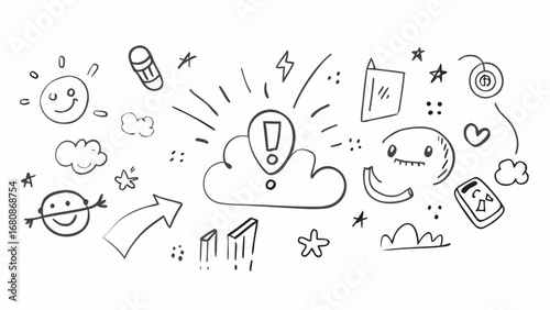 Fun doodle collection with smiling sun and exclamation