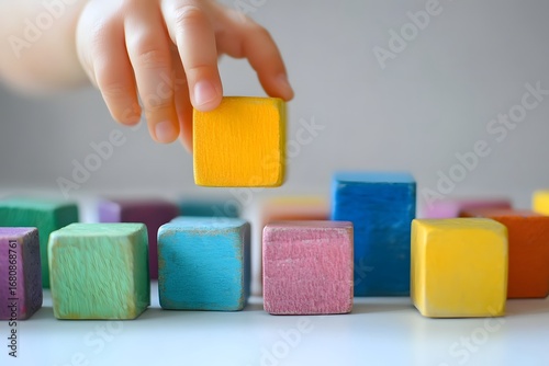 child's hand grasping colorful toy block, clean white surface, playful and clear layout 
