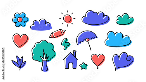 Hand drawn doodle icons of nature and objects flower