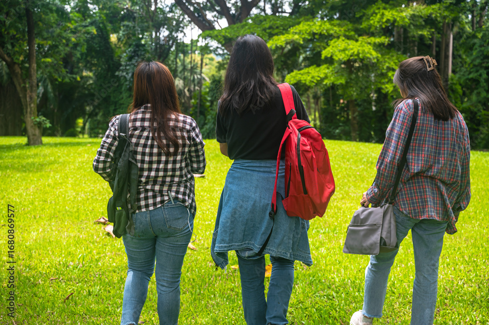 Fototapeta premium Rear view group of female college student friends walking in the park