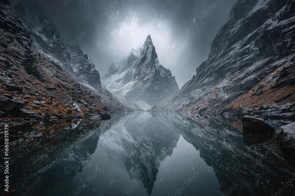 Obraz premium Mountain lake, stormy sky, snow-capped peak reflection