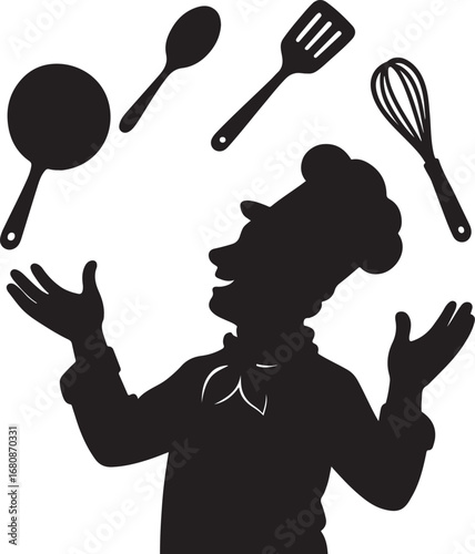 Black silhouette of a chef juggling kitchen utensils cooking