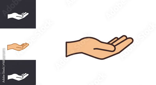 A graphic depiction of an open hand in various styles and colors on a white and dark background