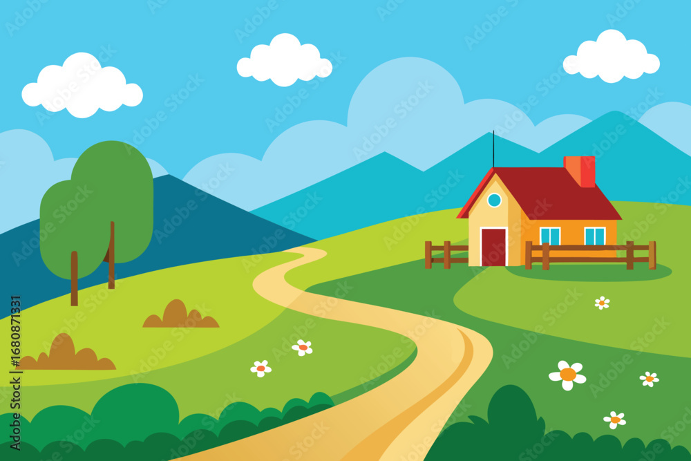 Fototapeta premium A house on a hill surrounded by trees, with a winding road leading up to it